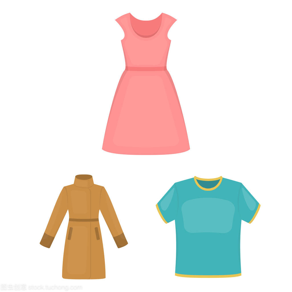 不同种类的服装卡通图标集为设计集。服装和文体矢量象征股票插图